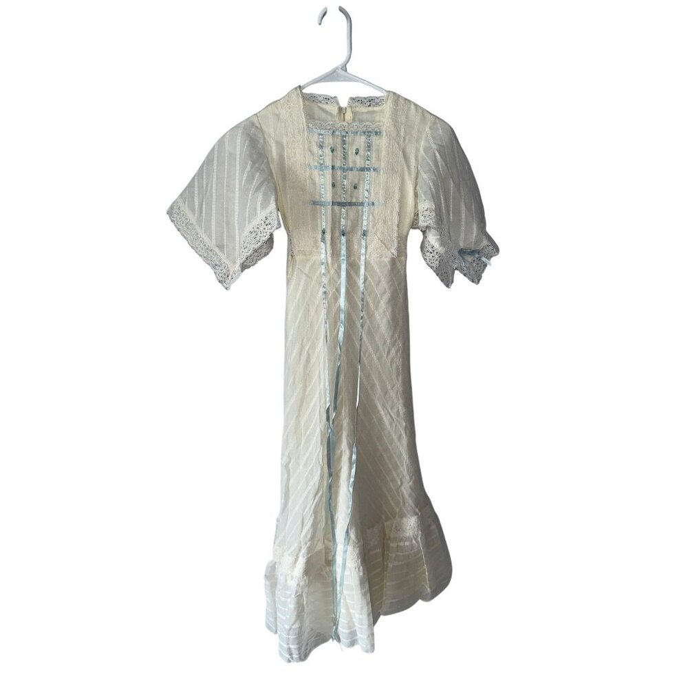 Vtg 70s Dorissa Girls White Blue Ribbon Maxi Prairie Cottage Hippie Dress Sz 10